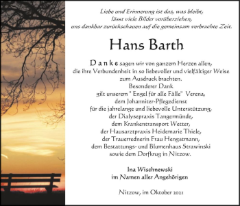 Traueranzeige von Hans Barth  von Magdeburger Volksstimme