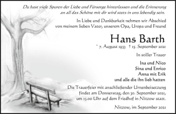 Traueranzeige von Hans Barth  von Magdeburger Volksstimme
