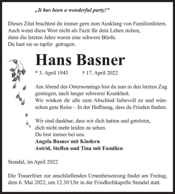 Traueranzeige von Hans Basner  von Magdeburger Volksstimme