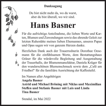 Traueranzeige von Hans Basner  von Magdeburger Volksstimme