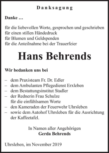 Traueranzeige von Hans Behrends  von Magdeburger Volksstimme