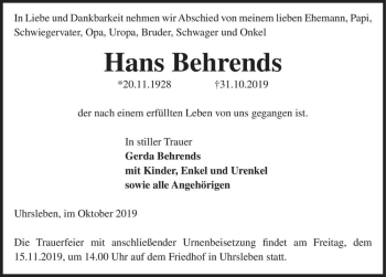 Traueranzeige von Hans Behrends  von Magdeburger Volksstimme