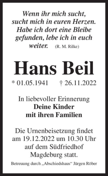 Traueranzeige von Hans Beil  von Magdeburger Volksstimme