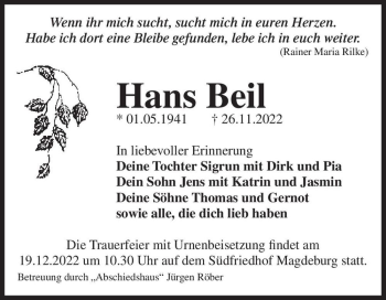 Traueranzeige von Hans Beil  von Magdeburger Volksstimme