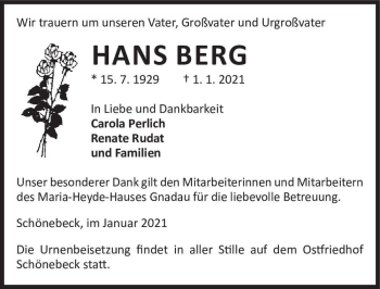Traueranzeige von Hans Berg  von Magdeburger Volksstimme