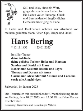 Traueranzeige von Hans Bering  von Magdeburger Volksstimme