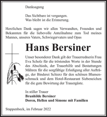Traueranzeige von Hans Bersiner  von Magdeburger Volksstimme