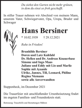 Traueranzeige von Hans Bersiner  von Magdeburger Volksstimme