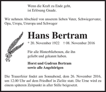 Traueranzeige von Hans Bertram  von Magdeburger Volksstimme
