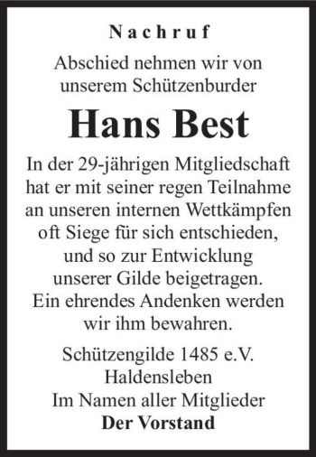 Traueranzeige von Hans Best  von Magdeburger Volksstimme