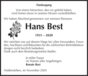 Traueranzeige von Hans Best  von Magdeburger Volksstimme