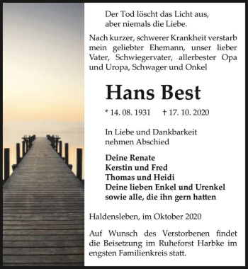 Traueranzeige von Hans Best  von Magdeburger Volksstimme