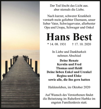 Traueranzeige von Hans Best  von Magdeburger Volksstimme