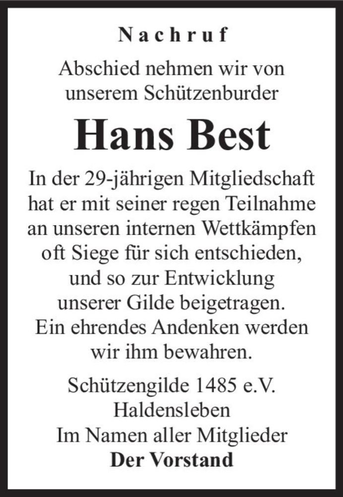  Traueranzeige für Hans Best  vom 05.11.2020 aus Magdeburger Volksstimme