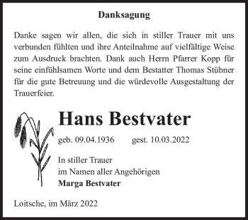 Traueranzeige von Hans Bestvater  von Magdeburger Volksstimme