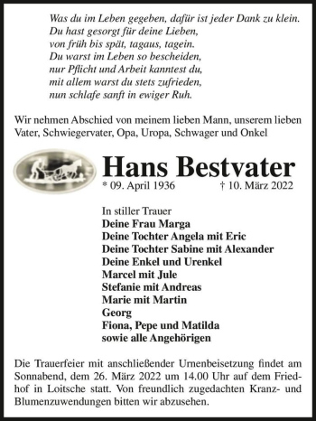 Traueranzeige von Hans Bestvater  von Magdeburger Volksstimme