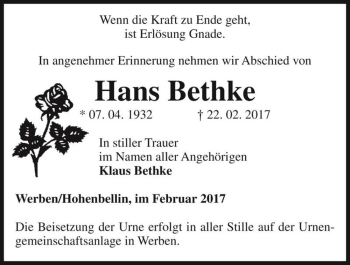 Traueranzeige von Hans Bethke  von Magdeburger Volksstimme