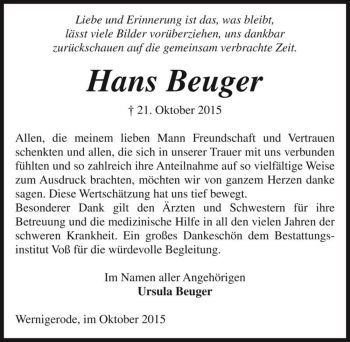 Traueranzeige von Hans Beuger  von Magdeburger Volksstimme