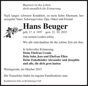 Traueranzeige von Hans Beuger  von Magdeburger Volksstimme