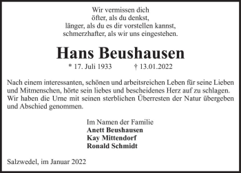 Traueranzeige von Hans Beushausen  von Magdeburger Volksstimme