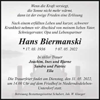 Traueranzeige von Hans Biermanski  von Magdeburger Volksstimme