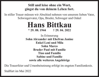 Traueranzeige von Hans Bittkau  von Magdeburger Volksstimme