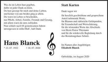 Traueranzeige von Hans Blanck  von Magdeburger Volksstimme