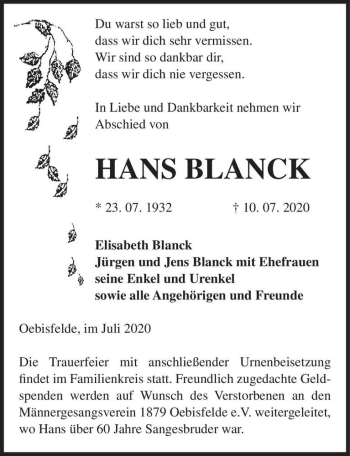 Traueranzeige von Hans Blanck  von Magdeburger Volksstimme