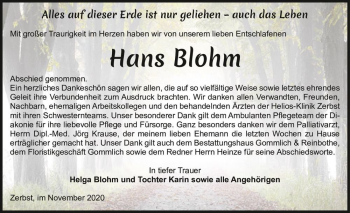 Traueranzeige von Hans Blohm  von Magdeburger Volksstimme