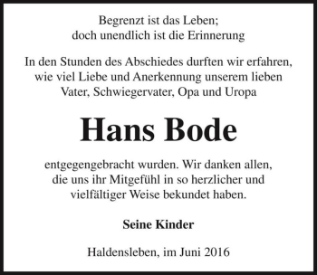 Traueranzeige von Hans Bode  von Magdeburger Volksstimme