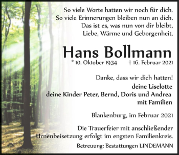 Traueranzeige von Hans Bollmann  von Magdeburger Volksstimme