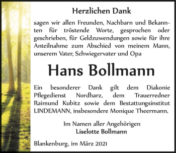 Traueranzeige von Hans Bollmann  von Magdeburger Volksstimme