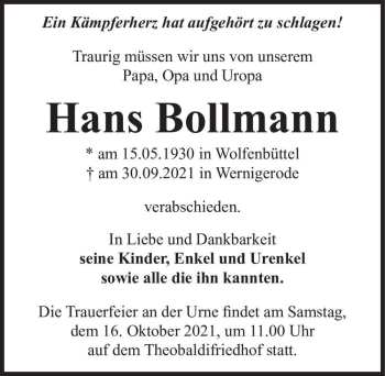 Traueranzeige von Hans Bollmann  von Magdeburger Volksstimme