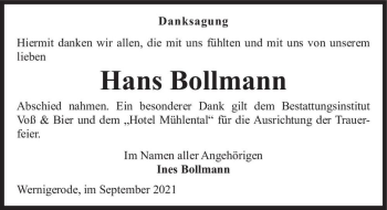 Traueranzeige von Hans Bollmann  von Magdeburger Volksstimme