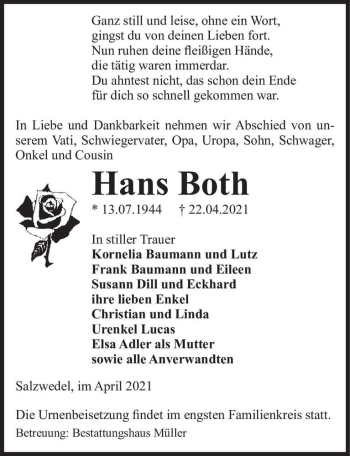 Traueranzeige von Hans Both  von Magdeburger Volksstimme
