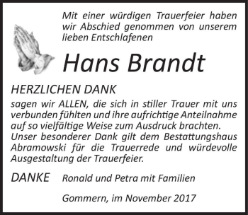 Traueranzeige von Hans Brandt  von Magdeburger Volksstimme