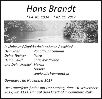 Traueranzeige von Hans Brandt  von Magdeburger Volksstimme