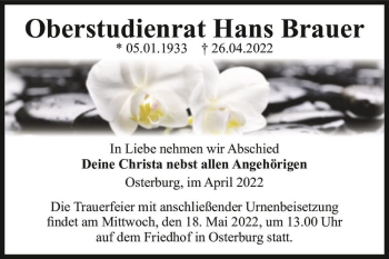 Traueranzeige von Hans Brauer  von Magdeburger Volksstimme