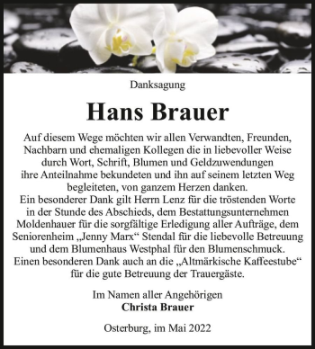 Traueranzeige von Hans Brauer  von Magdeburger Volksstimme