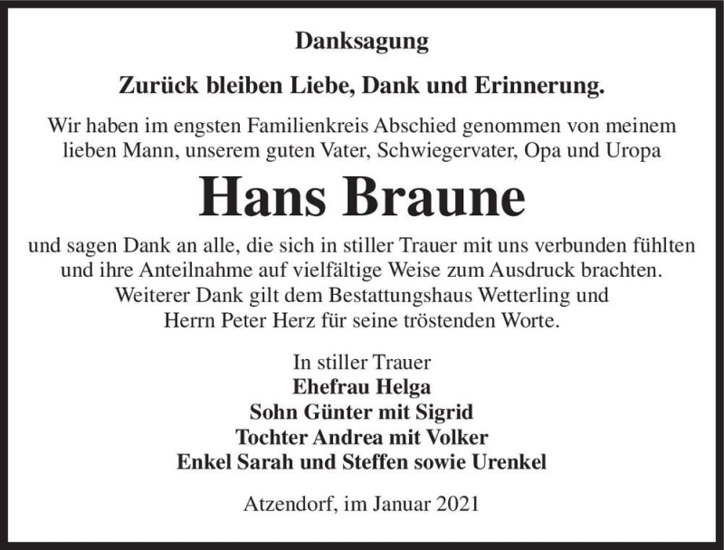 Traueranzeige für Hans Braune  vom 30.01.2021 aus Magdeburger Volksstimme