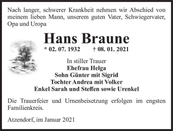 Traueranzeige von Hans Braune  von Magdeburger Volksstimme