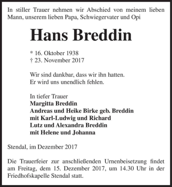 Traueranzeige von Hans Breddin  von Magdeburger Volksstimme
