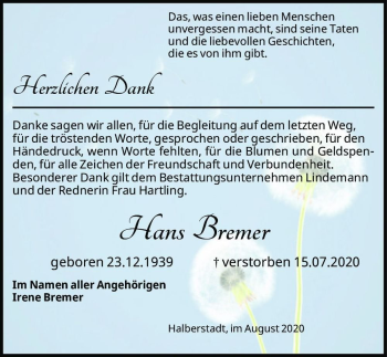 Traueranzeige von Hans Bremer  von Magdeburger Volksstimme