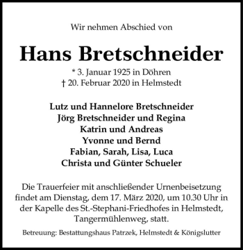 Traueranzeige von Hans Bretschneider  von Magdeburger Volksstimme