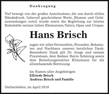 Traueranzeige von Hans Brisch  von Magdeburger Volksstimme