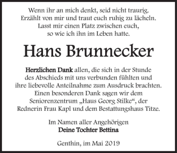 Traueranzeige von Hans Brunnecker  von Magdeburger Volksstimme