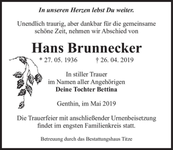 Traueranzeige von Hans Brunnecker  von Magdeburger Volksstimme