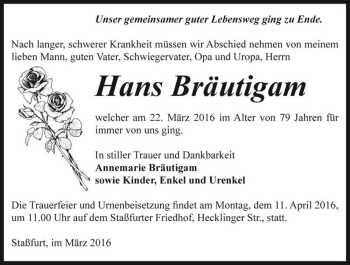 Traueranzeige von Hans Bräutigam  von Magdeburger Volksstimme