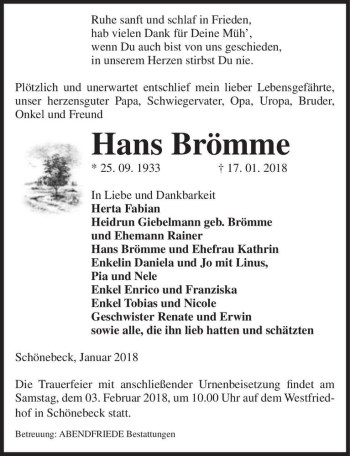 Traueranzeige von Hans Brömme  von Magdeburger Volksstimme