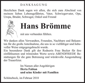 Traueranzeige von Hans Brömme  von Magdeburger Volksstimme